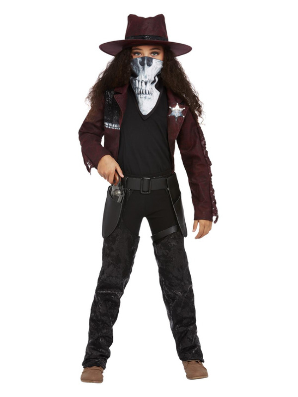 Deluxe Dark Spirit Western Cowgirl Kinderkostuum, Burgundy. Dit kostuum bestaat uit het jasje, Chaps, Holster, Hoed en Masker. Met dit kostuum ben je in 1 keer klaar voor jouw Halloweenparty.Dit kostuum hebben wij ook voor jongens.