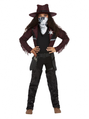 Deluxe Dark Spirit Western Cowgirl Kinderkostuum, Burgundy. Dit kostuum bestaat uit het jasje, Chaps, Holster, Hoed en Masker. Met dit kostuum ben je in 1 keer klaar voor jouw Halloweenparty.Dit kostuum hebben wij ook voor jongens.