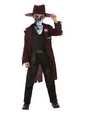 Deluxe Dark Spirit Western Cowboy Kinderkostuum, Burgundy. Dit kostuum bestaat uit het jasje, Chaps, Holster, Hoed en masker. Met dit kostuum ben je in 1 keer klaar voor jouw Halloweenparty. Perfect te combineren met onze Deluxe Dark Spirit Western Cowgirl Kostuum.