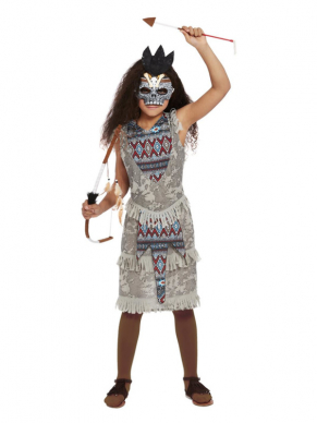 Dark Spirit Warrior Girl Kinderkostuum. Dit kostuum bestaat uit de grijze jurk met bijpassend masker. Met dit kostuum ben je in 1 keer klaar voor jouw Halloweenparty. Perfect te combineren met onze Dark Spirit Warrior Boy Kostuum.