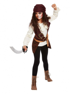 Dark Spirit Pirate Girl Kinderkostuum. Dit kostuum bestaat uit de bruine tuniek en hoed. Combineer dit op een zwarte legging en je bent klaar voor jouw Halloweenparty. Perfect te combineren met onze Dark Spirit Pirate Boy Kostuum.