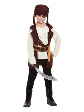 Dark Spirit Pirate Boy Kinderkostuum. Dit kostuum bestaat uit het tuniek met hoed. Combineer met een zwarte jeans en je bent klaar voor jouw Halloweenparty. Perfect te combineren met onze Dark Spirit Pirate Girl Kostuum.