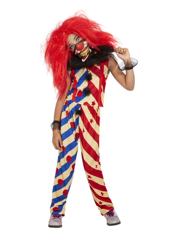 Creepy Clown Girl Kinderkostuum. Dit kostuum bestaat uit de top met broek, masker en kraag. Met dit kostuum ben je in 1 keer klaar om iedereen de stuipen op het lijf te jagen tijdens jouw Halloweenparty.