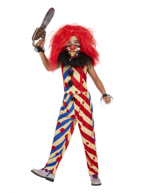 Creepy Clown Girl Kinderkostuum. Dit kostuum bestaat uit de top met broek, masker en kraag. Met dit kostuum ben je in 1 keer klaar om iedereen de stuipen op het lijf te jagen tijdens jouw Halloweenparty.