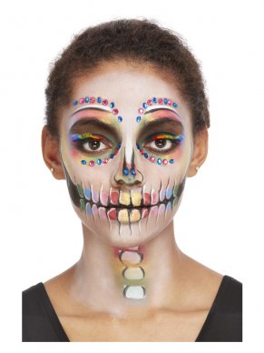 Maak jouw Day of the Dead kostuum compleet met deze  Make-Up FX, Bright DOTD Kit, bestaande uit een hoofdband, stickers, steentjes, en schmink op waterbasis.