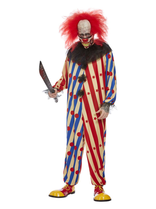 Creepy Clown Kostuum voor heren. Dit kostuum bestaat uit de all in one jumpsuit met masker en kraag. Jaag iedereen de stuipen op lijf tijdens Halloween. Perfect te combineren met onze Creepy Clown Dames Kostuum.