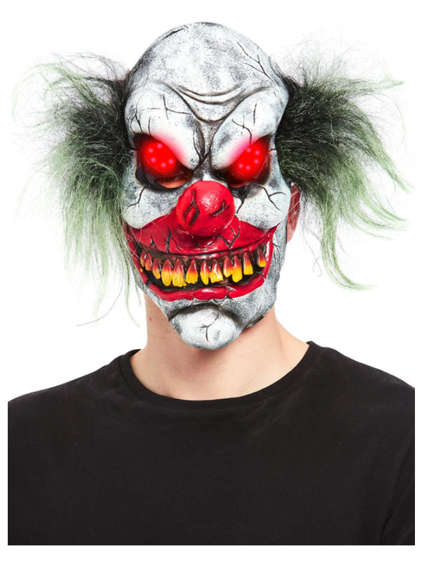 Jaag iedereen de stuipen op het lijf met dit Evil Clown Overhead Masker van Latex, met Light Up Eyes. Perfect voor een Halloweenparty. Bekijk hier onze bijpassende kostuums.
