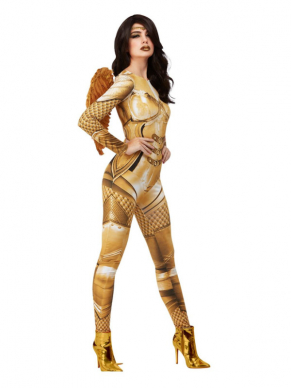 Fever Divine Guardian Angel-kostuum, goud. Dit kostuum bestaat uit een alles in één kostuum met vleugels en hoofdband. Met dit kostuum ben je dus in één keer klaar voor Carnaval of themafeestje.