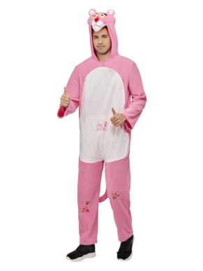  Pink Panther Kostuum, bestaande uit een onesie met karakter kap. Perfect voor Carnaval of vrijgezellenfeest.
