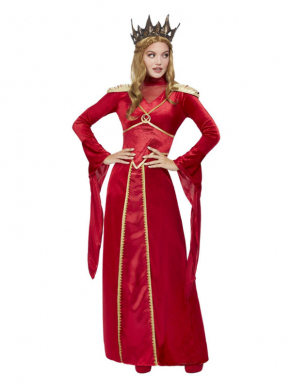 Met dit prachtige Red Queen kostuum sta je gegarandeerd in het middelpunt. Het bestaat uit de rode jurk met gouden details en het kroontje. Met dit kostuum ben je in één keer klaar voor Carnaval of themafeest. Wil jij de look compleet maken met een mooie aangepaste pruik? Bekijk hier onze collectie pruiken .