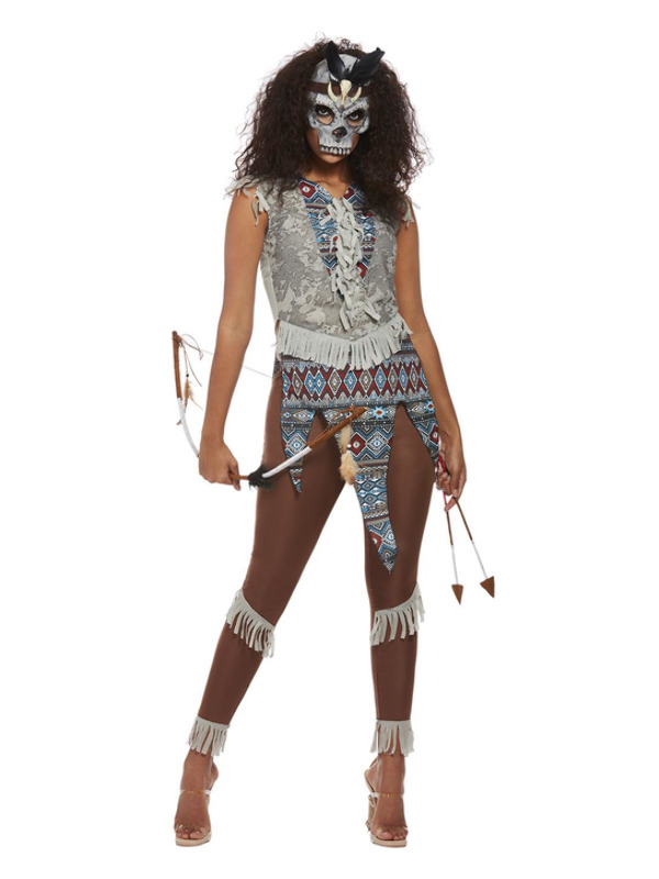 Dit prachtige Dark Spirit Warrior Dames Kostuum bestaat uit de Top, Broek & Masker. Maak het kostuum compleet met een pijl en boog en je bent klaar voor Carnaval of themafeest.