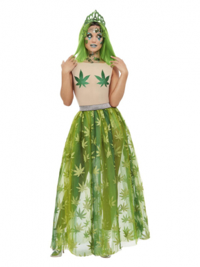 Dit te gekke Cannabis Queen Kostuum bestaat uit de doorschijnend Bodysuit, Rok & Tiara. Maak je look compleet met een specifieke pruik en wat make-up en facejewels en je bent klaar voor het carnaval van het themafeest.