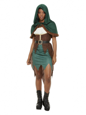 Deluxe Forest Archer-kostuum bestaande uit de jurk & cape met capuchon. Het enige wat nog mist is een pijl en boog . Perfect voor Carnaval of themafeest.