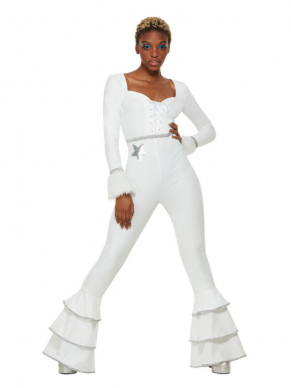 Te gek 70's Deluxe Glam Kostuum bestaande uit de witte Ruches Jumpsuit. maak de look compleet met accessoires . perfect voor carnaval van een jaren zeventig feest.