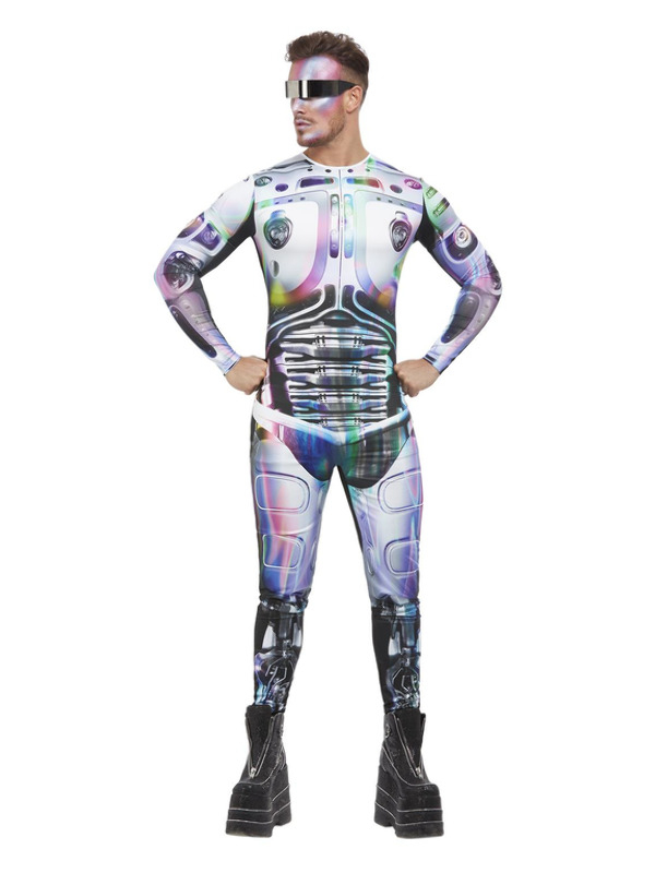 Te gek Cyber Space Kostuum bestaande uit de Multi Bodysuit. Maak de look af met een light up space zwaard of een bijl.