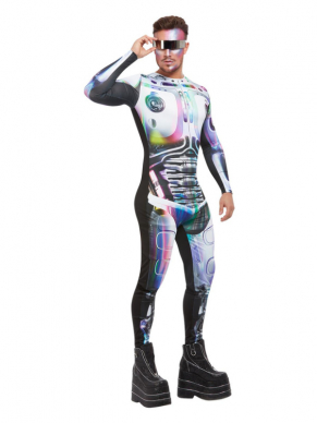 Te gek Cyber Space Kostuum bestaande uit de Multi Bodysuit. Maak de look af met een oplichtend ruimtezwaard of een bijl.