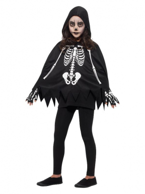 Leuk Skeleton setje bestaande uit de zwart/witte skeletten poncho met handschoenen. Leuk voor Halloween.