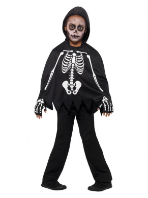 Leuk Skeleton setje bestaande uit de zwart/witte skeletten poncho met handschoenen. Leuk voor Halloween.