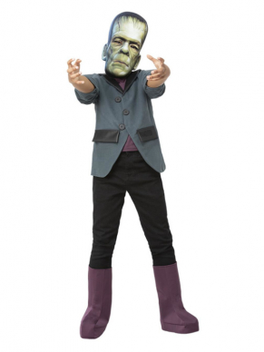 Universal Monsters Frankenstein Kinderkostuum, bestaande uit de Jas, Bootcovers & EVA Masker. Met dit kostuum ben je in één keer klaar voor Halloween of een ander themafeestje. Ook verkrijgbaar voor heren.