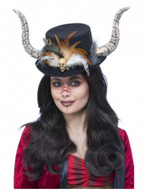 Maak jouw Voodoo-look helemaal af met deze te gekke Voodoo-hoed met hoorns en veren.