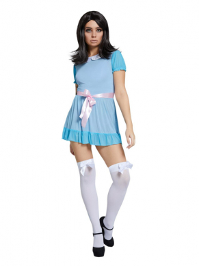 Fever Freaky Twin-kostuum, bestaande uit het doorschijnende jurkje en witte kousen. Wil je wat meer in de Halloween-sfeer komen, besmeer het kostuum dan met wat nepbloed .