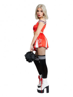 Wie denkt dat Cheerleaders alleen maar sexy zijn heeft het mis. Met dit Fever Devil Cheerleader kostuum bestaande uit, de rok, top, sokken sta je gegarandeerd op het punt tijdens jouw Halloweenfeest. Maak de look compleet met een net panty en duivelshoorntjes en je bent klaar om te feesten.