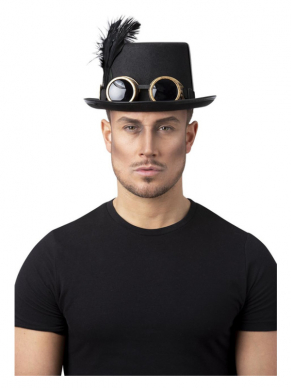Maak jouw Steampunk-look helemaal af met deze te gekke zwarte hoed inclusief bril en veer. 
