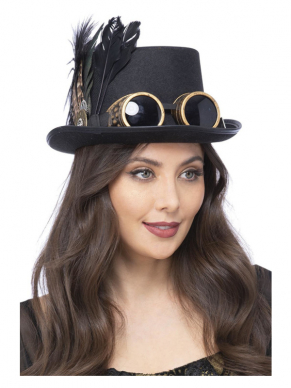 Maak jouw Steampunk-look helemaal af met deze te gekke zwarte hoed inclusief bril en veer. 