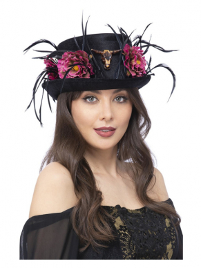 Maak jouw Halloween-look helemaal af met deze prachtige zwarte hoed met bloemen en veren. 