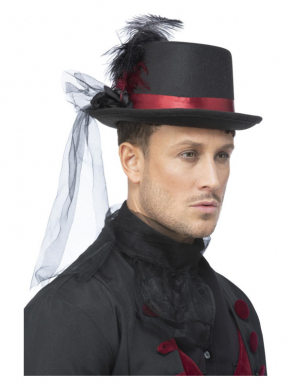 Maak jouw Vampire look helemaal af met deze prachtige zwarte hoed met veren en sluier. Bekijk hier ons gehele Vampire assortiment.