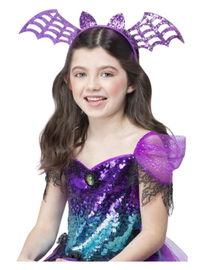 Leuke paars gekleurde glitter haarband in de vorm van een vleermuis. Leuk voor een Halloweenparty.
