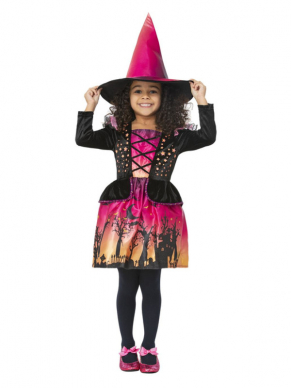 Hoe leuk is dit Ombre Heksen jurkje! Het kostuum bestaat uit de jurk met hoed. Je bent met dit kostuum dis in één keer klaar voor Halloween.