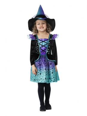Prachtig ombre teal Heksenjurkje inclusief hoed. Met dit kostuum ben je in een keer klaar voor jouw Halloween party. Ook leuk voor in de verkleedkist.