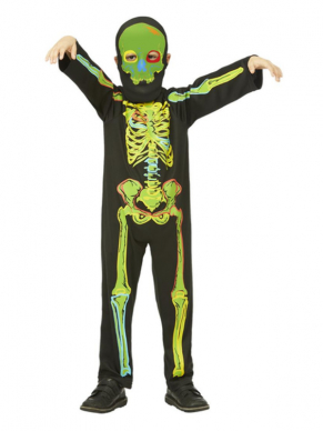 Met dit geweldige All in One Neon Skelton kostuum inclusief masker val je zeker op in het donker tijdens Halloween. 