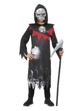 Dit te gekke Grim reaper kostuum betsaat uit het gewaad met  Masker. Met dit kostuum ben je in één keer klaar voor jouw Halloween party. Maak het kostuum af met een zeis.