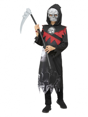 Dit te gekke Grim reaper kostuum betsaat uit het gewaad met  Masker. Met dit kostuum ben je in één keer klaar voor jouw Halloween party. Maak het kostuum af met een zeis.