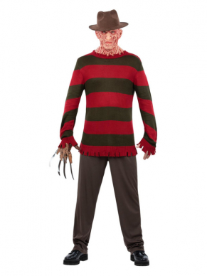 Met deze gebreide trui verander je in een mum van tijd in Freddy Krueger himself. Combineer dit kostuum met het gebreide Freddy Krueger dames jurkje en maak samen de straten onveilig.