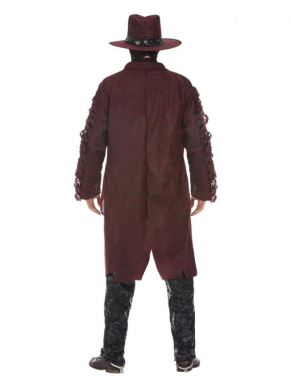  Deluxe Dark Spirit Western Cowboy kostuum bestaande uit het Burgundy rode jasje, Chaps, Holster, Hoed en masker. Met dit kostuum ben je in één keer klaar voor Halloween.