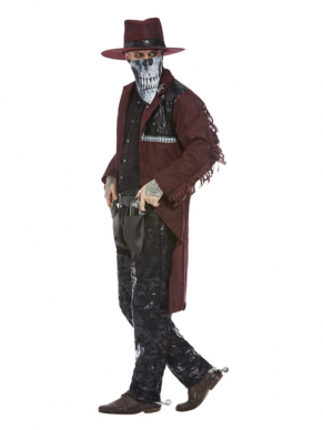  Deluxe Dark Spirit Western Cowboy kostuum bestaande uit het Burgundy rode jasje, Chaps, Holster, Hoed en masker. Met dit kostuum ben je in één keer klaar voor Halloween.