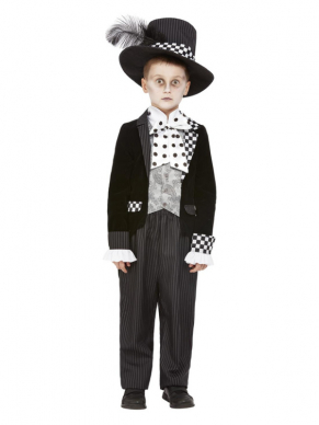 Compleet Dark Mad Hatter kostuum, bestaande uit het zwart/witte jasje, Mock Shirt & Hoed. Met dit kostuum ben je in één keer klaar voor jouw Halloweenfeest!