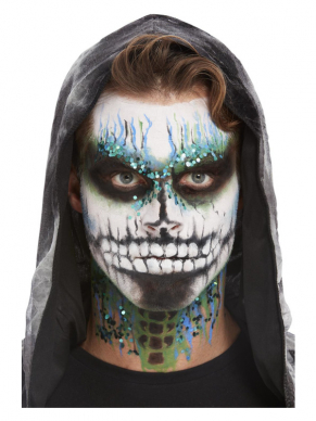 Maak jouw Skeletonlook helemaal af met deze te geke Deluxe Skeleton Kit, Aqua inclusief Transfer, Glitter, Face Paints & Applicators.