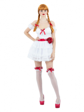 Hou je meer van sexy tijdens Halloween, kies dan voor dit Mini Annabel kostuum, bestaande uit het mini jurkje met kousen en haarstrikjes.