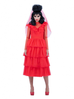 Bekend van de gelijknamige Fantasie film dit geweldige Beetlejuice Lydia Bride kostuum, bestaande uit de prachtige rode jurk met sluier. Perfect voor een halloween of themafeestje. Deze jurk is ook verkrijgbaar in de korte variant.