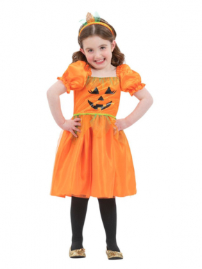 Leuk oranje Pumpkin kostuum voor de allerkleinste. Dit kostuum bestaat uit het jurkje met pompoen en haarband. Met dit kostuum ben je in één keer klaar voor Halloween.