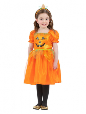 Leuk oranje Pumpkin kostuum voor de allerkleinste. Dit kostuum bestaat uit het jurkje met pompoen en haarband. Met dit kostuum ben je in één keer klaar voor Halloween.