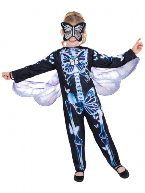 Te gek All in One Butterfly Skeleton kostuum voor de allerkleinste. Dit kostuum bestaat uit de jumpsuit met vleugels en bijpassend masker.