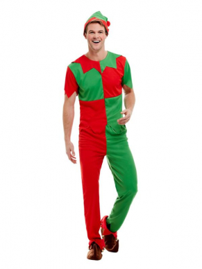 Leuk Elf kostuum, bestaande uit de groen met rode top met broek en hoedje. De Elf shoenen verkopen wij los.