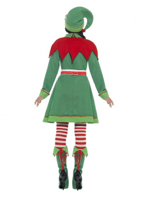 Prachtig Deluxe Miss Elf kostuum bestaande uit het groene jurkje met details, hoedje, schoencovers, panty en riem. Met dit kostuum ben je in één keer klaar om Santa te helpen met de kadootjes inkopen.
