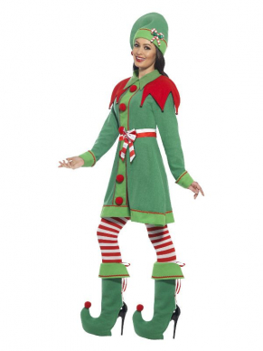 Prachtig Deluxe Miss Elf kostuum bestaande uit het groene jurkje met details, hoedje, schoencovers, panty en riem. Met dit kostuum ben je in één keer klaar om Santa te helpen met de kadootjes inkopen.