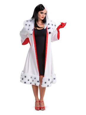 Mooie Cruella Mantel met handschoenen. Combineer dit kostuum met een eigen zwart jurkje en een paar pumps en je bent klaar voor jouw themafeestje.